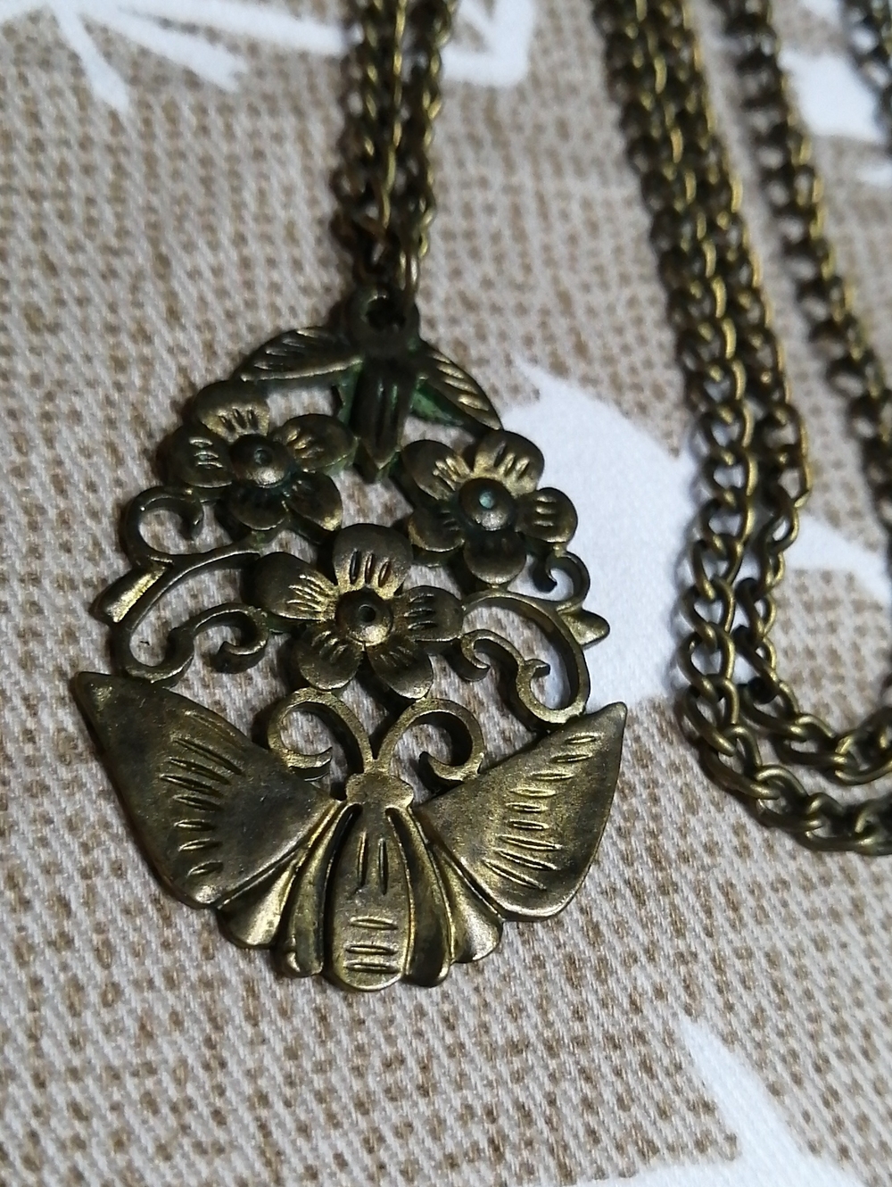 Art Nouveau Antique Inspired Moth Below A Cluster Of 3 Flowers Pendant Necklace